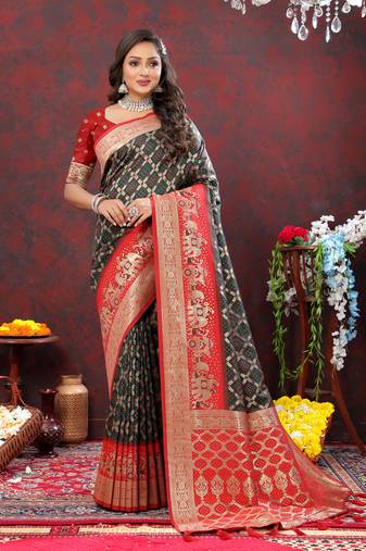 Black Soft Patola Silk With Meenakari Weawing Motifs And Rich Zari Weawing Pallu Saree With Matching Blouse Fabric
