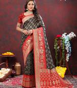 Black Soft Patola Silk With Meenakari Weawing Motifs And Rich Zari Weawing Pallu Saree With Matching Blouse Fabric