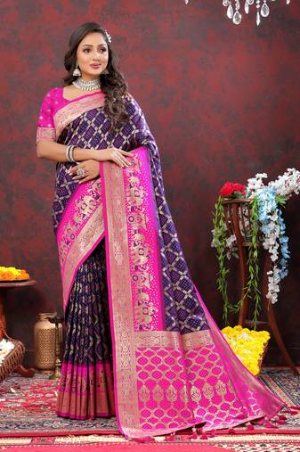 Navy Blue Soft Patola Silk With Meenakari Weawing Motifs And Rich Zari Weawing Pallu Saree With Matching Blouse Fabric