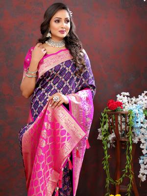 Navy Blue Soft Patola Silk With Meenakari Weawing Motifs And Rich Zari Weawing Pallu Saree With Matching Blouse Fabric 3