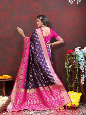 Navy Blue Soft Patola Silk With Meenakari Weawing Motifs And Rich Zari Weawing Pallu Saree With Matching Blouse Fabric 4