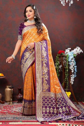 Orange Soft Patola Silk With Meenakari Weawing Motifs And Rich Zari Weawing Pallu Saree With Matching Blouse Fabric
