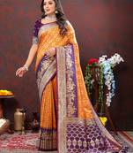 Orange Soft Patola Silk With Meenakari Weawing Motifs And Rich Zari Weawing Pallu Saree With Matching Blouse Fabric