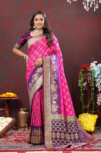 Pink Soft Patola Silk With Meenakari Weawing Motifs And Rich Zari Weawing Pallu Saree With Matching Blouse Fabric