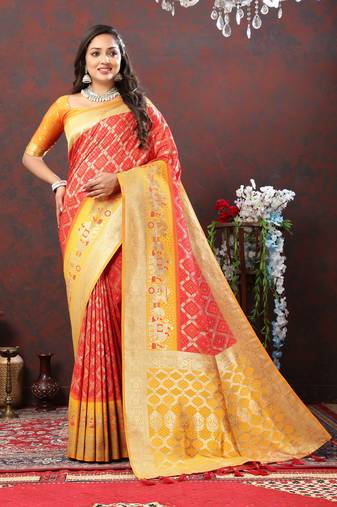 Red Soft Patola Silk With Meenakari Weawing Motifs And Rich Zari Weawing Pallu Saree With Matching Blouse Fabric