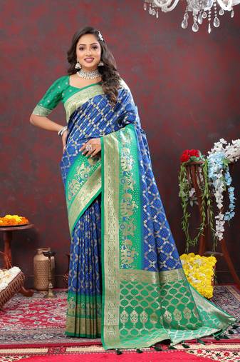 Royal Blue Soft Patola Silk With Meenakari Weawing Motifs And Rich Zari Weawing Pallu Saree With Matching Blouse Fabric