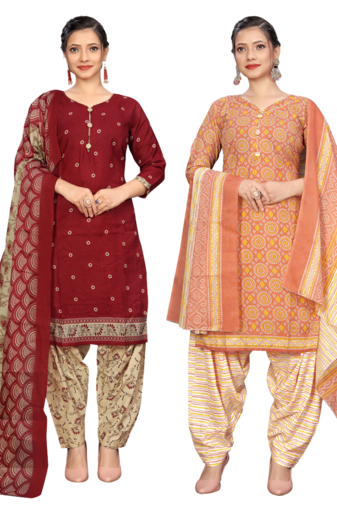 Rajnandini women multicolor cotton printed ready to wear patiala salwar suit combo pack of 2