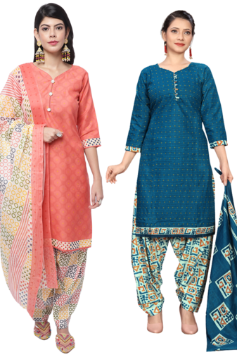 women multicolor cotton printed ready to wear patiala salwar suit combo pack of 2
