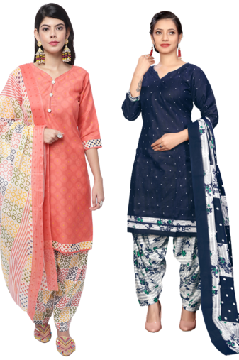 women multicolor cotton printed ready to wear patiala salwar suit combo pack of 2