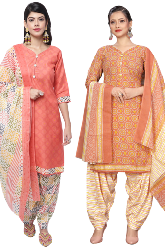 Rajnandini women multicolor cotton printed ready to wear patiala salwar suit combo pack of 2