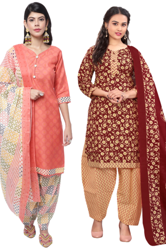 women multicolor cotton printed ready to wear patiala salwar suit combo pack of 2