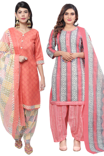 women multicolor cotton printed ready to wear patiala salwar suit combo pack of 2