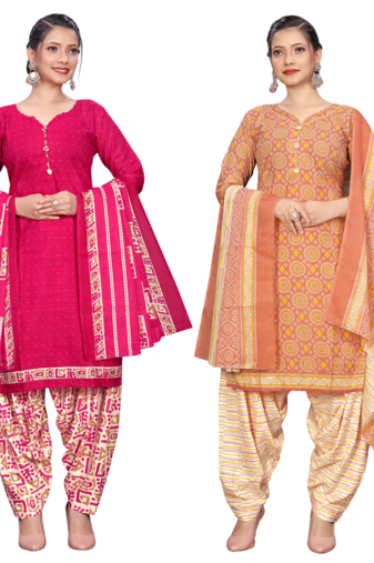 Rajnandini women multicolor cotton printed ready to wear patiala salwar suit combo pack of 2