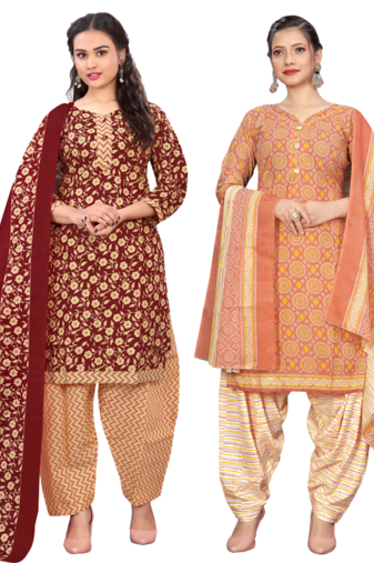 Rajnandini women multicolor cotton printed ready to wear patiala salwar suit combo pack of 2