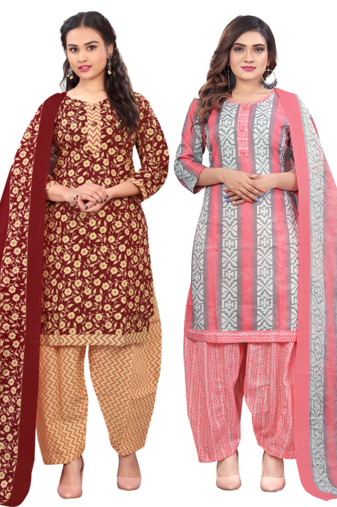 women multicolor cotton printed ready to wear patiala salwar suit combo pack of 2