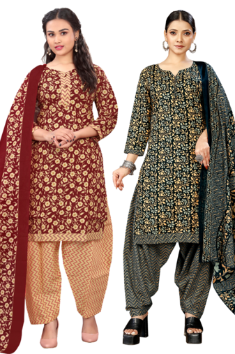 women multicolor cotton printed ready to wear patiala salwar suit combo pack of 2