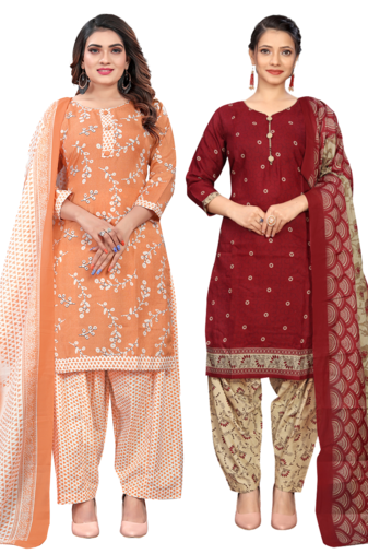 women multicolor cotton printed ready to wear patiala salwar suit combo pack of 2