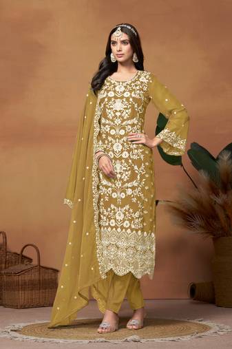Green Embroidered Organza SemiStitched Pant Party Wear Salwarsuit
