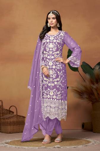 Lavender Embroidered Organza SemiStitched Pant Party Wear Salwarsuit