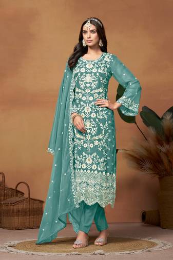 Blue Embroidered Organza SemiStitched Pant Party Wear Salwarsuit
