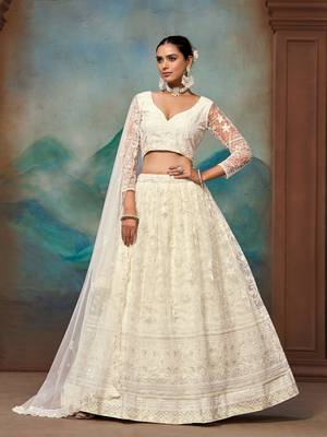 White Soft Net Embroidered Lehenga Choli For Women  1