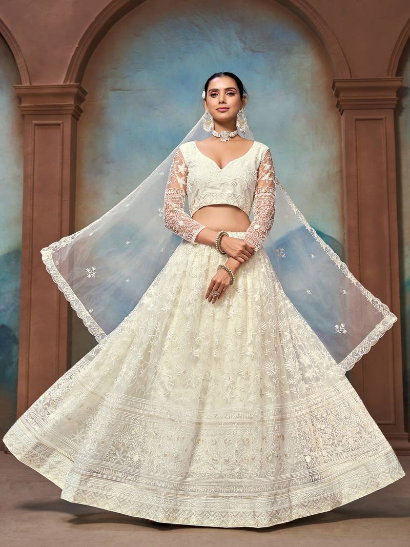 White Soft Net Embroidered Lehenga Choli For Women 