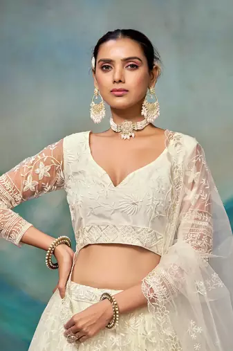 White Soft Net Embroidered Lehenga Choli For Women 