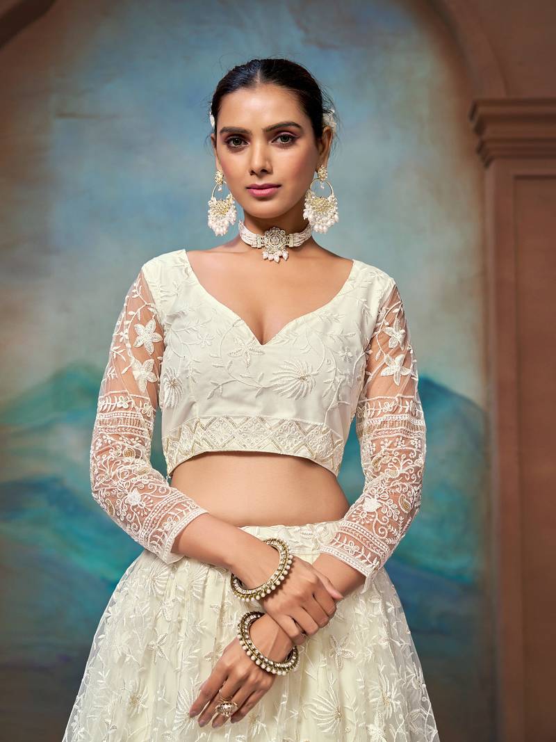 White Soft Net Embroidered Lehenga Choli For Women 
