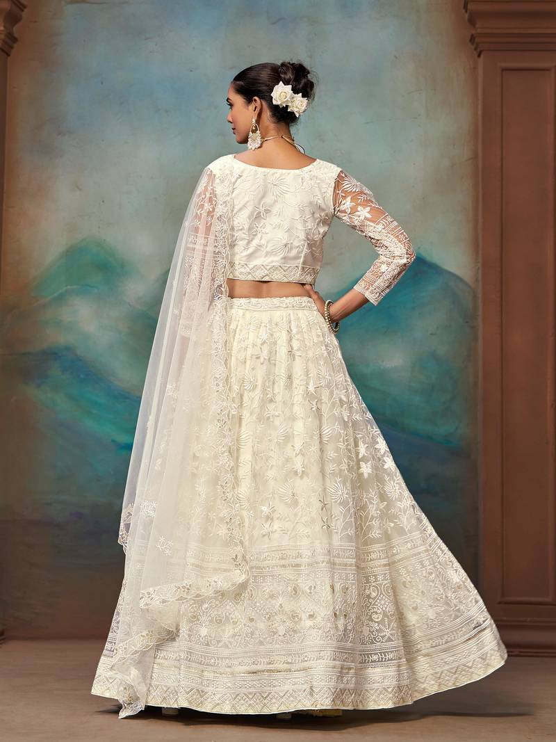 White Soft Net Embroidered Lehenga Choli For Women 