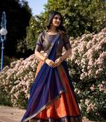 Blue and Orange Jacquard Zari Work Lehenga