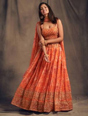 Orange Organza Lehenga Choli with Embroidery Zari Work 1