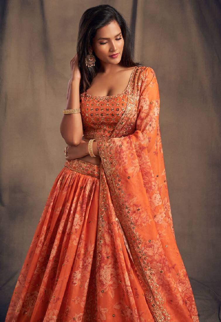 Orange Organza Lehenga Choli with Embroidery Zari Work