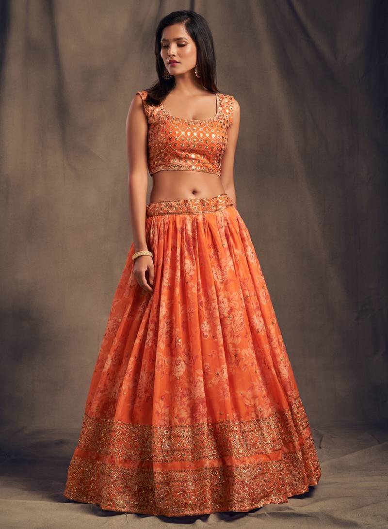 Orange Organza Lehenga Choli with Embroidery Zari Work