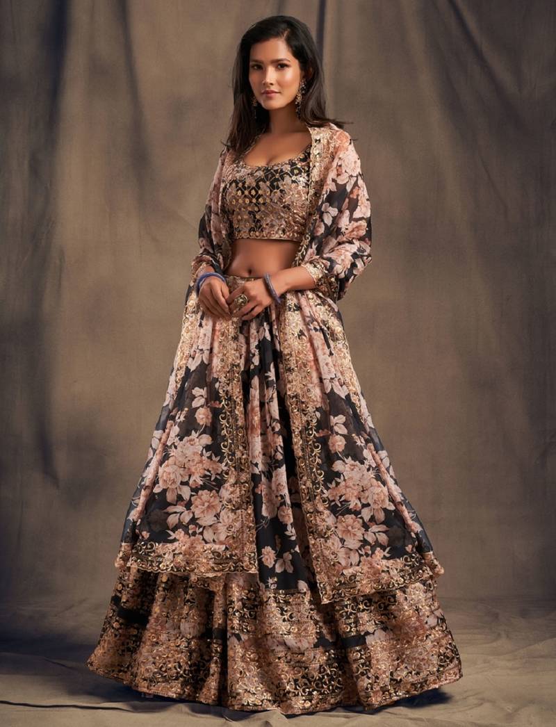 Black Organza Lehenga Choli with Floral Prints