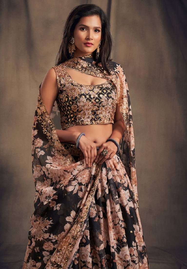 Black Organza Lehenga Choli with Floral Prints