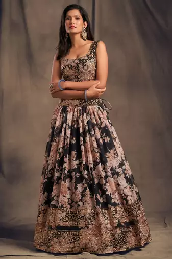 Black Organza Lehenga Choli with Floral Prints