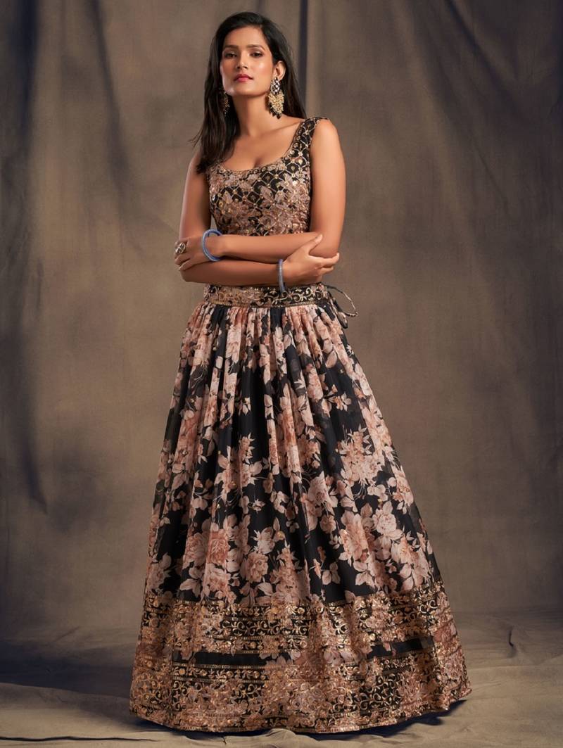 Black Organza Lehenga Choli with Floral Prints