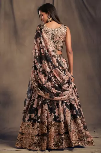 Black Organza Lehenga Choli with Floral Prints