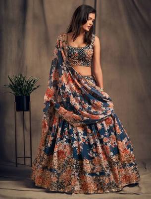 Teal Organza Wedding Lehenga Choli with Zari and Sequins Work 2