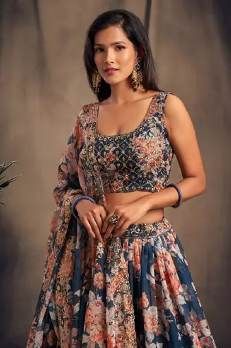 Teal Organza Wedding Lehenga Choli with Zari and Sequins Work