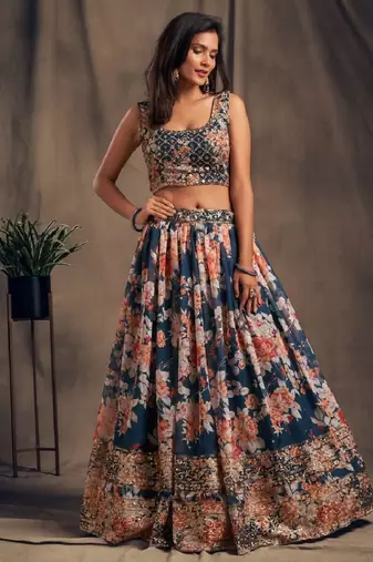 Teal Organza Wedding Lehenga Choli with Zari and Sequins Work