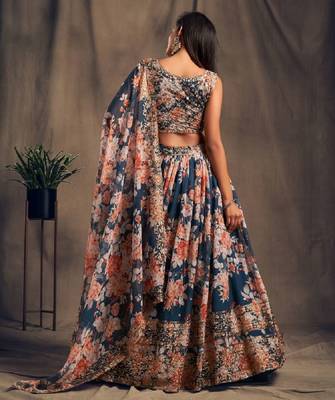 Teal Organza Wedding Lehenga Choli with Zari and Sequins Work 5