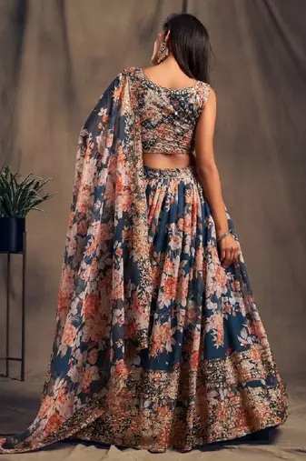 Teal Organza Wedding Lehenga Choli with Zari and Sequins Work