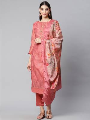 Riva enterprise women's chanderi embroidred top with chinnon duppata dress material 2