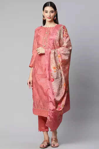 Riva enterprise women's chanderi embroidred top with chinnon duppata dress material