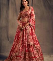 Stunning Red Organza Zari and Sequins Work Floral Wedding Lehenga Choli for Women