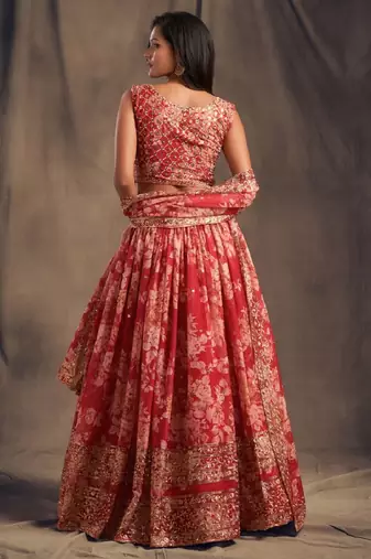 Red Organza Zari and Sequin Floral Embroidered Wedding Lehenga Choli