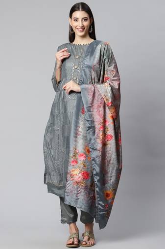 Riva enterprise women's chanderi embroidred top with chinnon duppata dress material