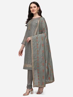 Riva enterprise women's chanderi embroidered with embroidered duppata dress material 1