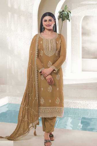 Mustard embroidered organza semi straight pant salwar suit